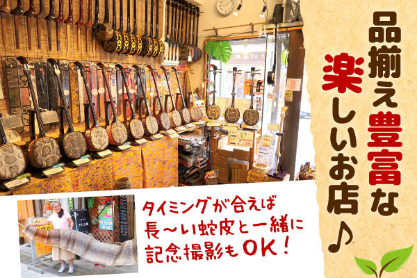 品揃え豊富な楽しいお店です!タイミングが合えば長~い蛇皮と一緒に記念撮影もOK!
